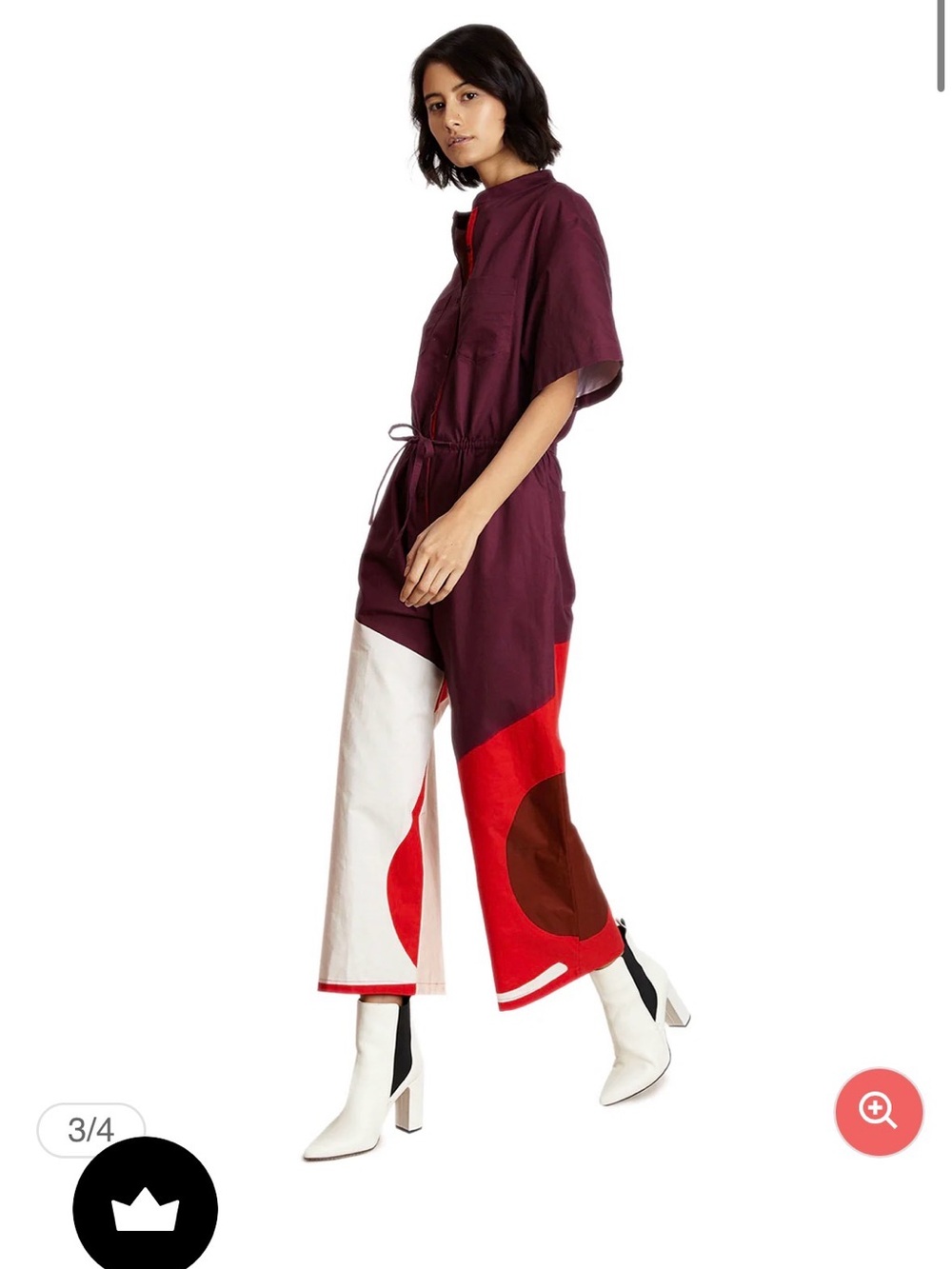 Colorblock Short-Sleeve Jumpsuit in Burgundy, Red & Cream - Picture 2 of 7